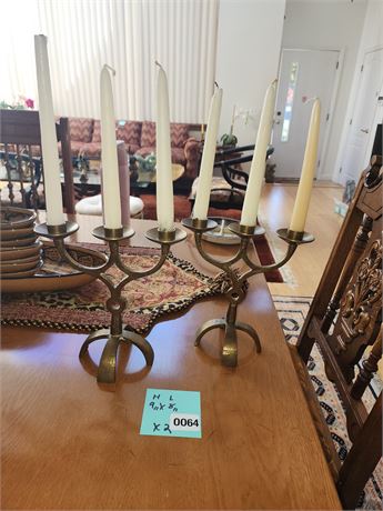 064 - Pair of Five-Arm Metal Candelabras With Candles
