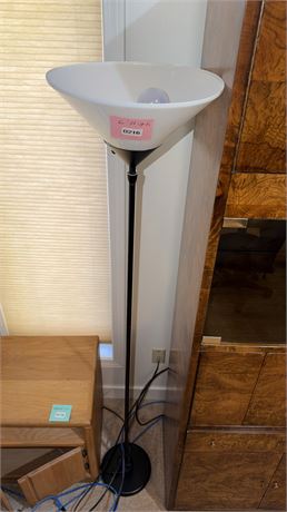 216 - Black Metal Torchiere Floor Lamp with White Glass Shade