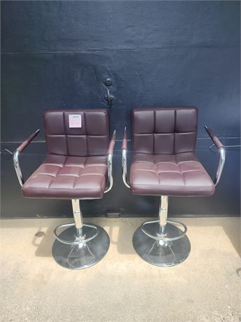 Pair of Upholstered Swivel Bar Stools with Chrome Base