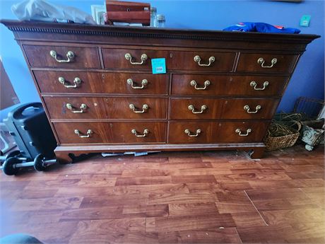 156 - Wide Wood Dresser With Brass-Tone Hardware
