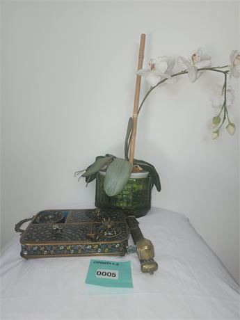 005 - Vintage Cloisonné Brass Tray with Sections and Other Ornate Items