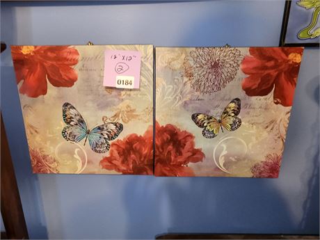 184 - Pair of Floral Butterfly Canvas Wall Art