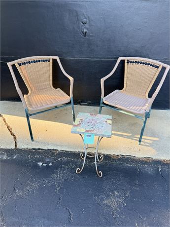 Vintage Outdoor Wrought Iron Chairs and Mosaic Side Table Set