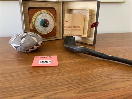 Vintage Barometer in Leather Case with Carved Pipe and Pottery