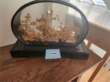 108 - Intricate Chinese Carved Wooden Diorama in Oval Glass Case
