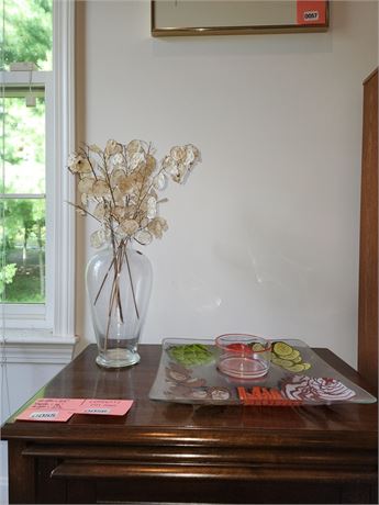Glass Vase with Dried Lunaria Stems and Glass Serving Tray