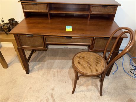 177 - Wooden Desk with Cane Front Drawers and Chair