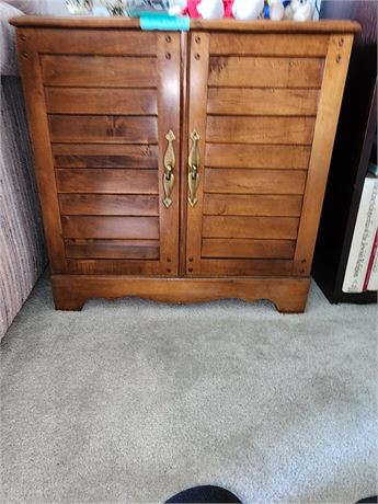 Wooden Cabinet with Louvered Doors and Brass Handles