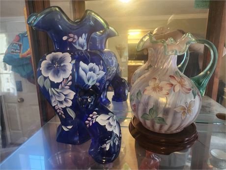 007 - Decorative Blue Floral Art Glass Vases