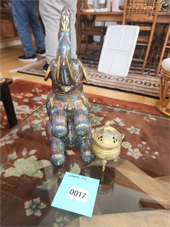 017 - Pair of Cloisonné Elephant Figurine and Brass Incense Burner