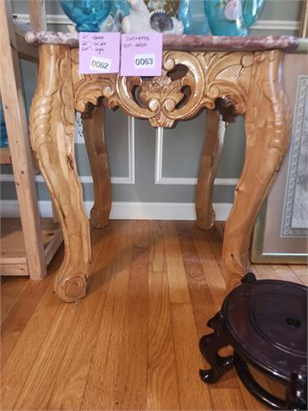 062 - Carved Wood Side Table with Polished Stone Top