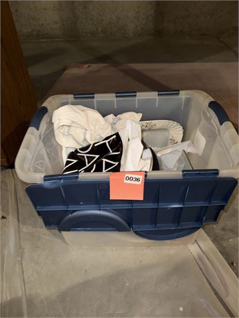 Assorted Glass and Ceramic Kitchenware in Plastic Storage Bin