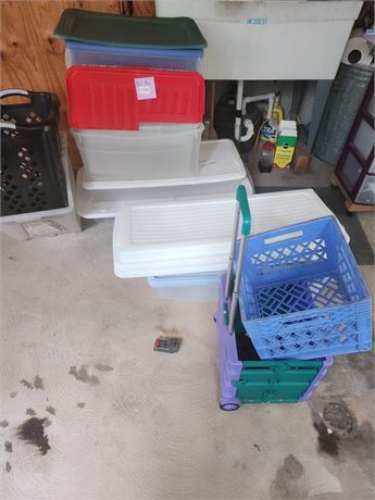 Assorted Plastic Storage Containers and Rolling Cart Set
