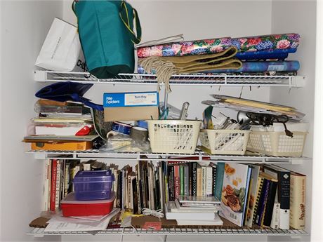 Assorted Office Supplies and Books on Wire Shelving