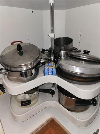 Assorted Stainless Steel Pots, Pans, and Kitchen Tools