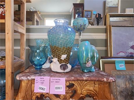 063 - Assorted Blue Decorative Glass Vases and Snail Sculpture