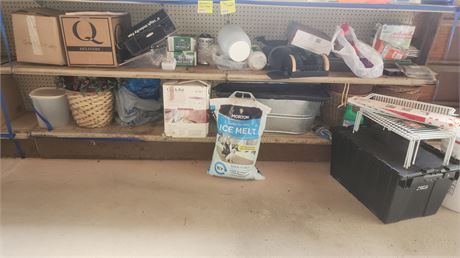 Assorted Household Items Including Ice Melt, Kitchenware, and Small Appliances