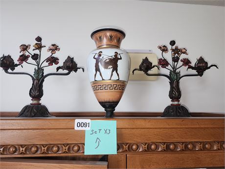 091 - Decorative Greek-Style Vase and Floral Metal Candelabras Set