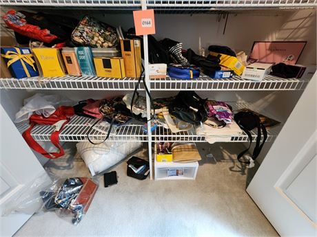 Assorted Handbags and Accessories on Wire Shelving